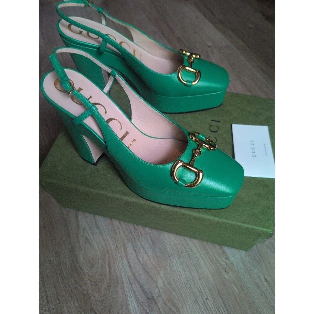 Gucci Charlotte Horsebit Platform Slingback Heels green Women's Eu 38 $1390